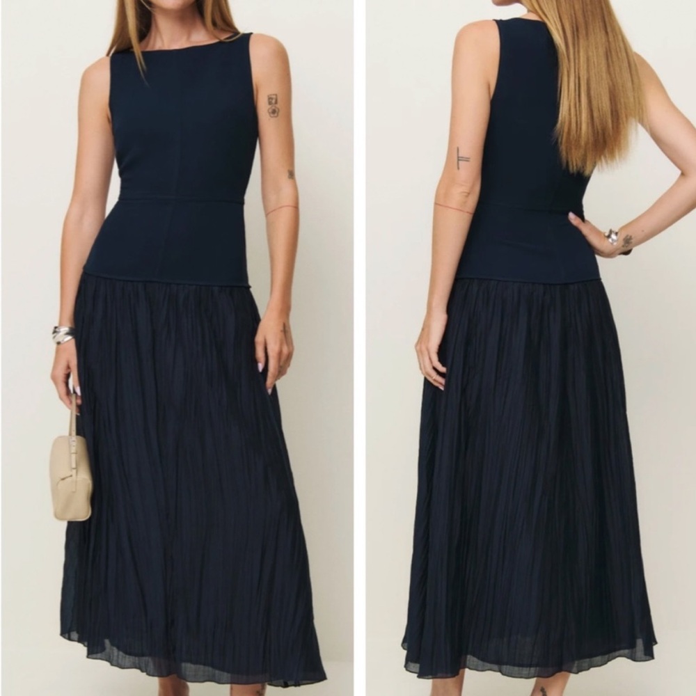 Reformation Navy Sleeveless Pleated Midi Dress